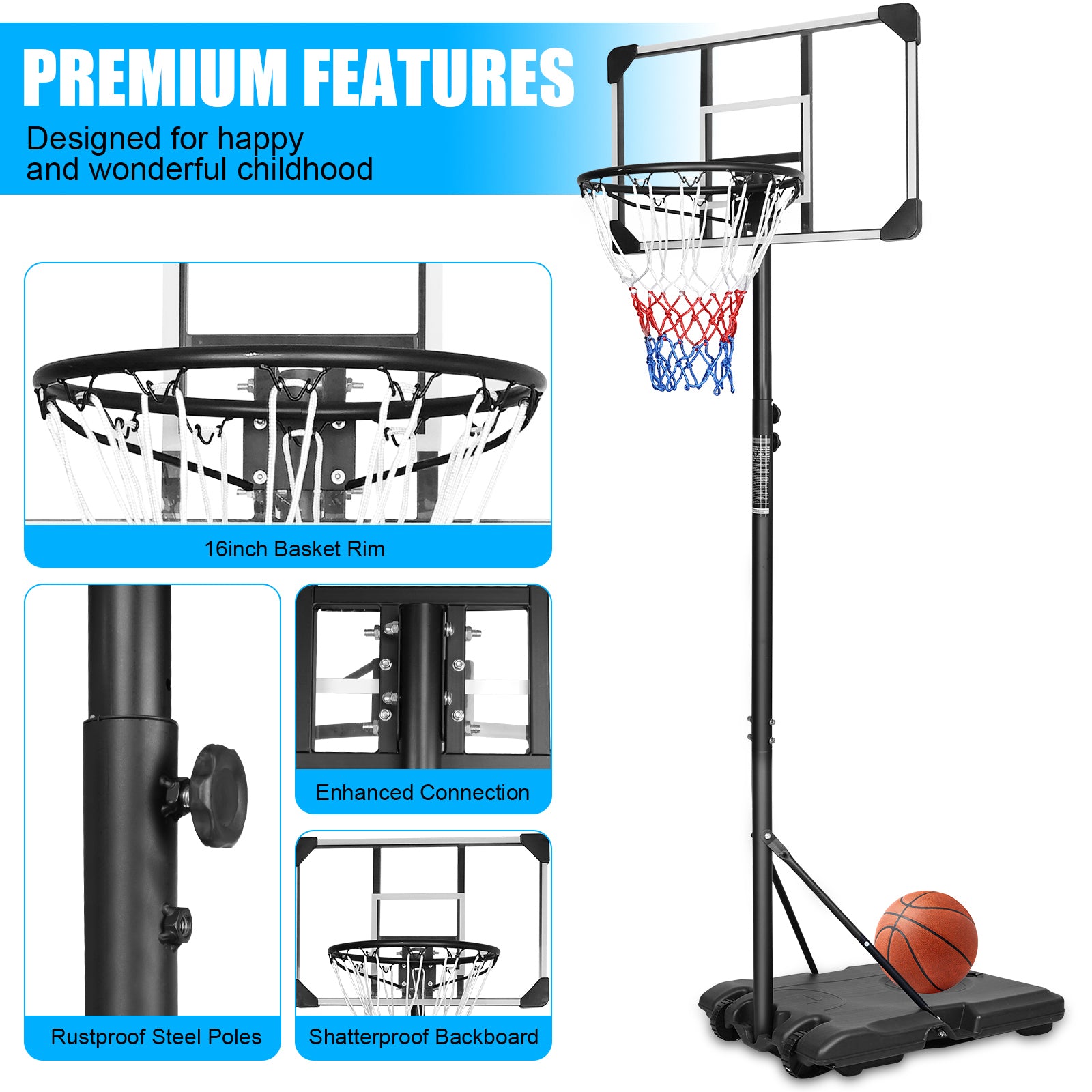 Portable Basketball Goal System with Stable Wheeled Base