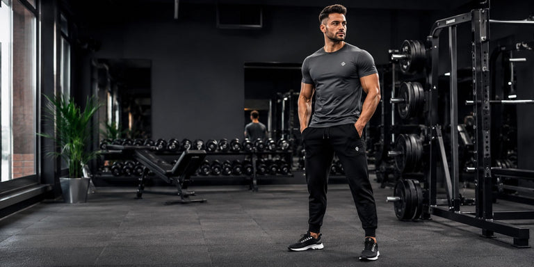 Man standing in a gym wearing a dark gray t-shirt and black pants.