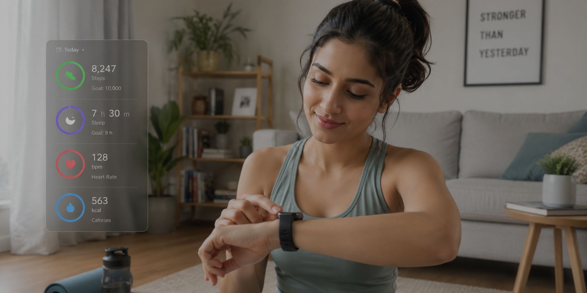 Woman checking her smartwatch in a living room setting with fitness tracker display.