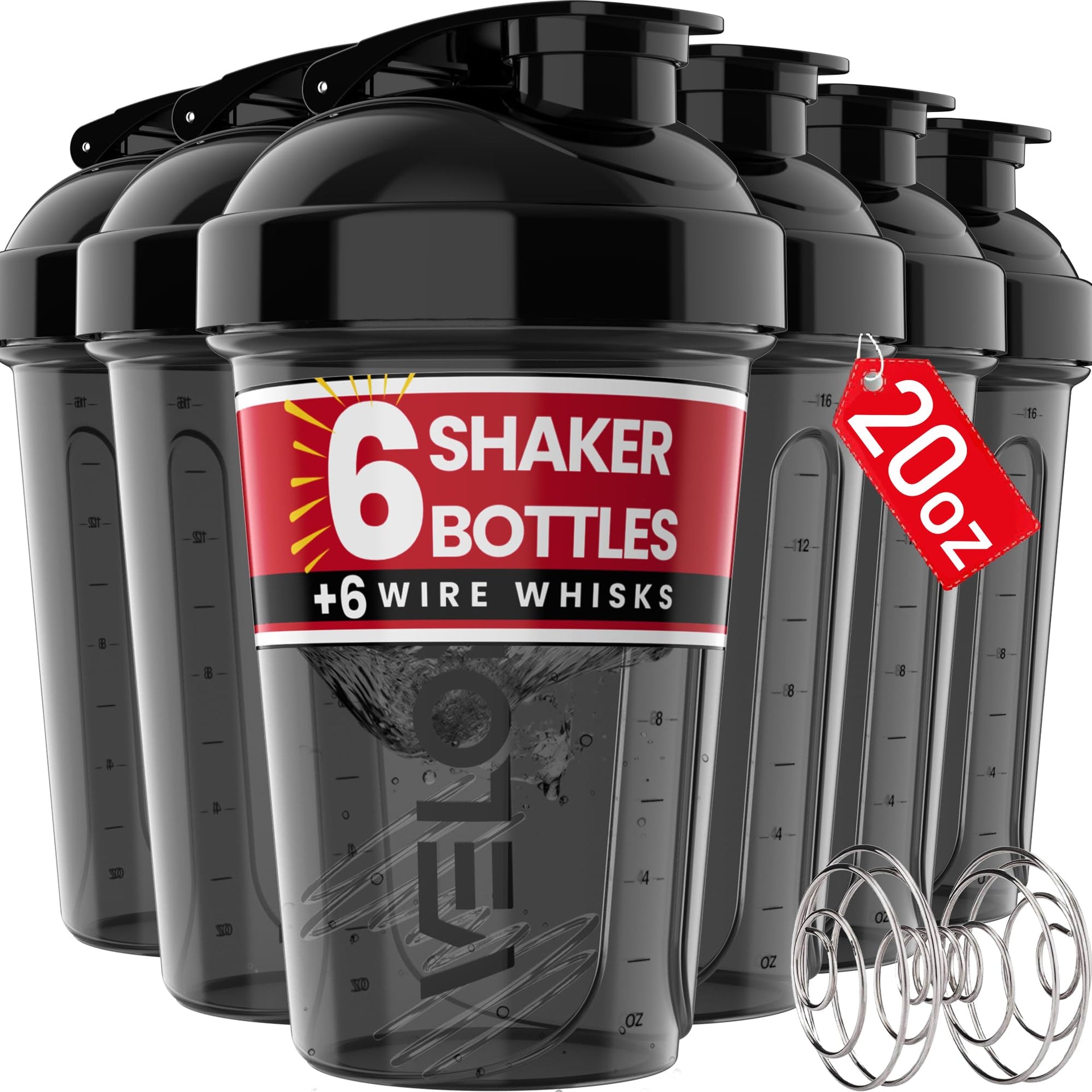 6-Pack 20oz Protein Shaker Bottles Black